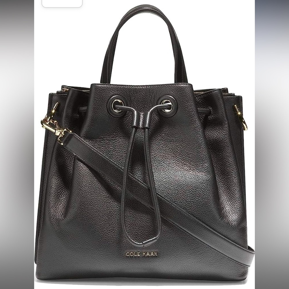 Black leather Cole Haan bucket bag